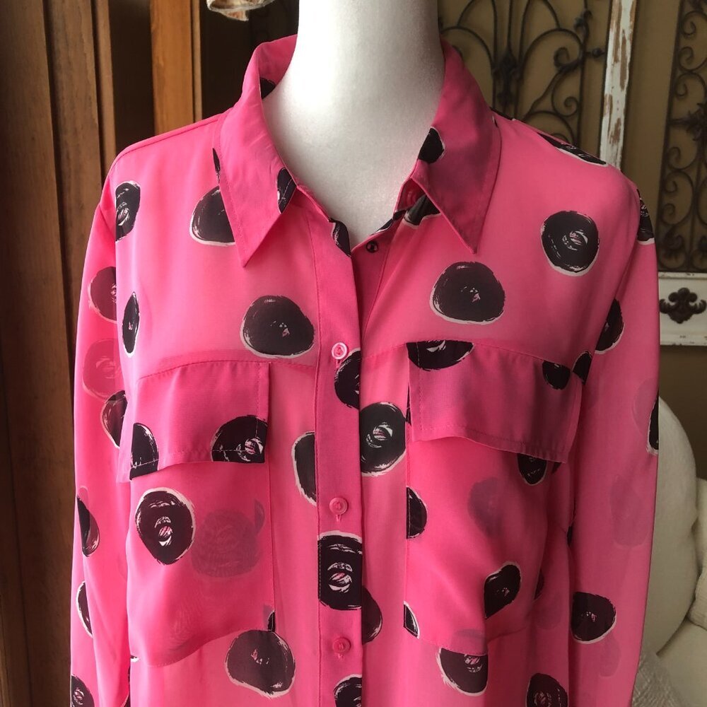 I Heart Ronson Size L long Sleeve Sheer Blouse Black and Pink - Picture 2 of 5